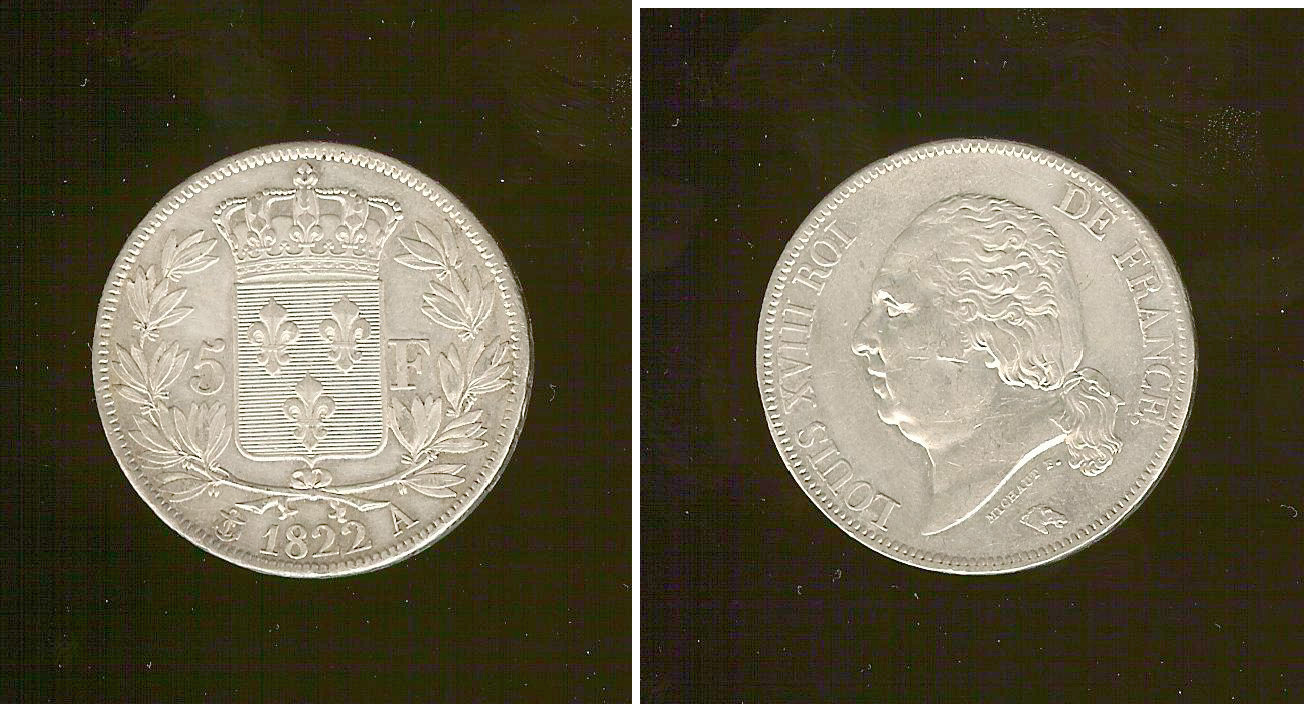5 francs Louis XVIII 1822A EF+